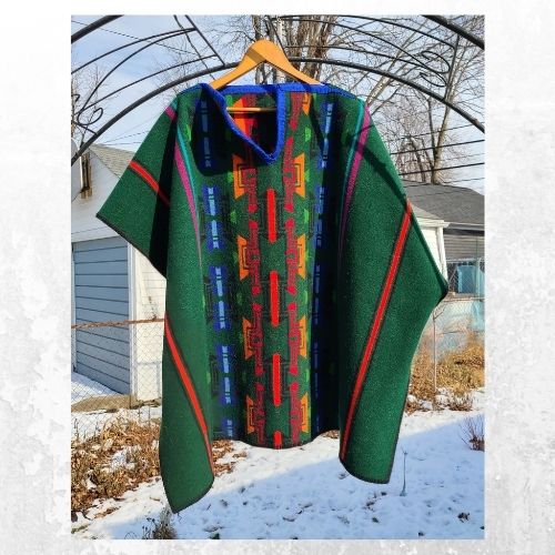 Green rainbow geometric designer blanket wool poncho