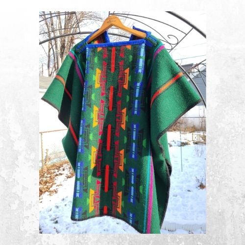 Green rainbow geometric designer blanket wool poncho