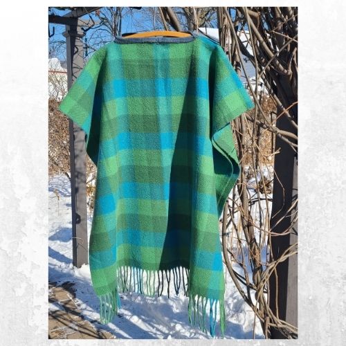 Green Teal designer wool plaid poncho