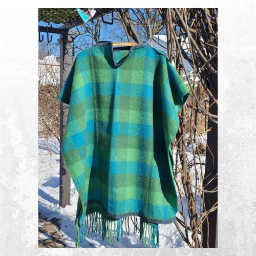 Green Teal designer wool plaid poncho