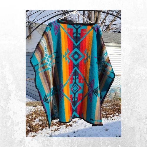 Turquoise, geometric colors Designer Wool poncho